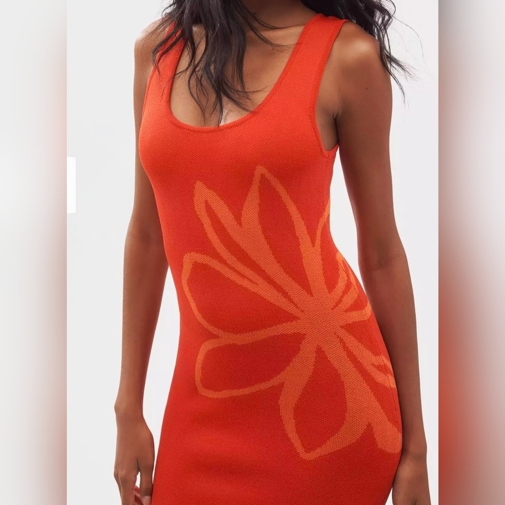 Flat White Anthro Sleeveless Square-Neck Flower-Print Knit Mini Dress Red Orange - Picture 3 of 11